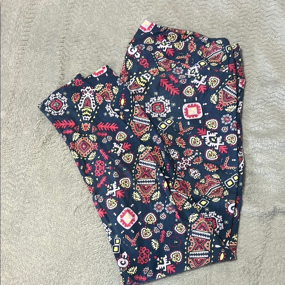 LuLaRoe Blue and Red Pajama Bottoms with Floral Pattern